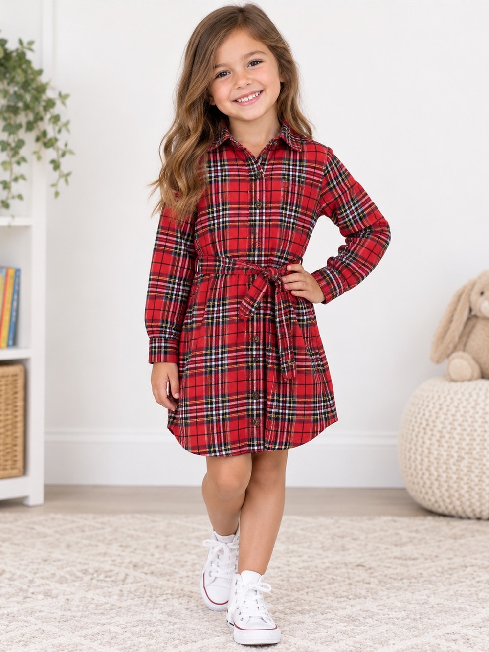 H&M Red Plaid Button-Front Shirt Dress with Tie Belt
